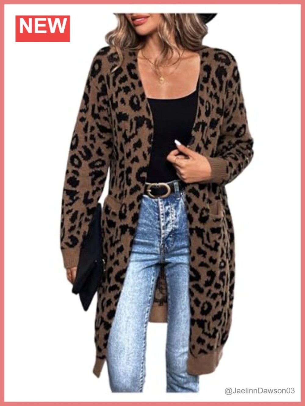 Leopard Print Long Cardigan Open Front Knit Sweater with Pockets